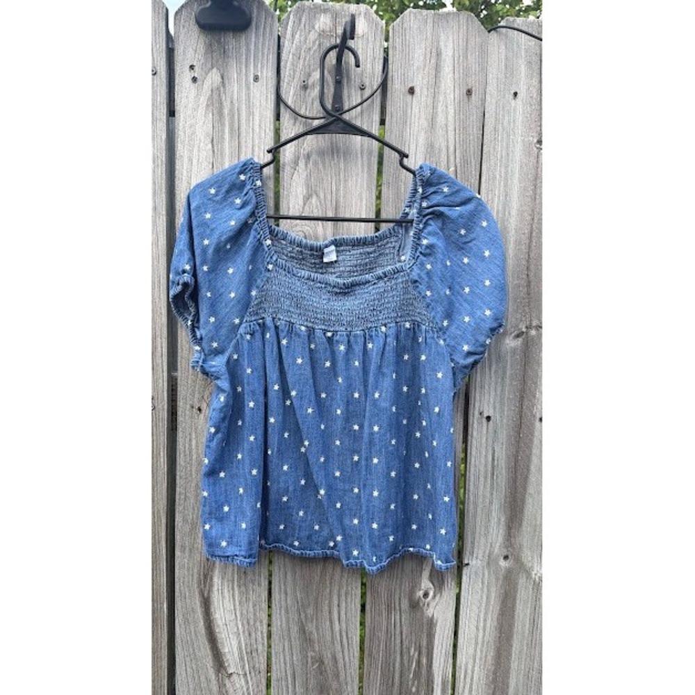 Boho Old Navy Blouse Womens L Blue Star Embroidered Smocked Puff Sleeve Chambray